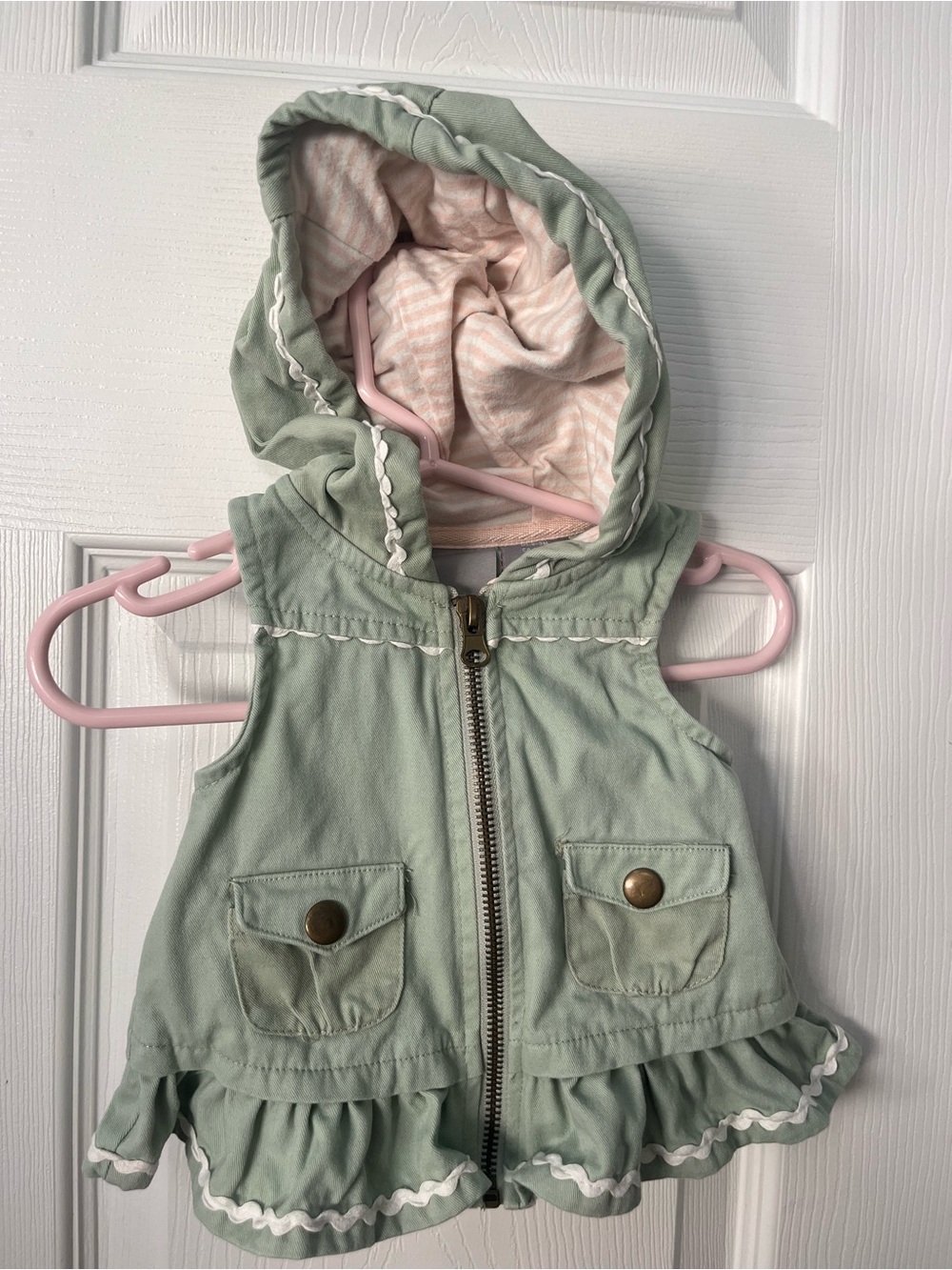 Tahari Sage Green Hooded Ruffle Vest with Pink Lining